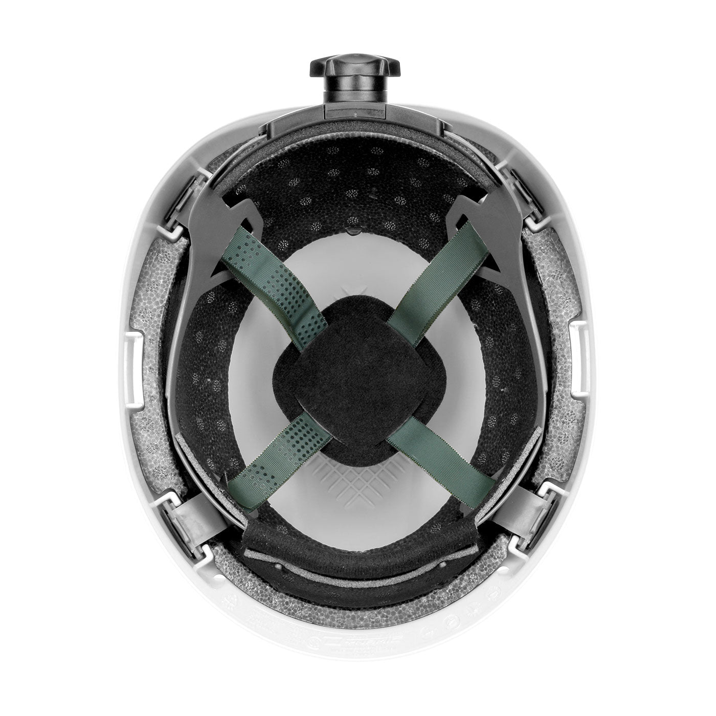 Top view of the BUNZL SAFETY Dynamic Safety Rocky Hard Hat 4PT Ratchet Suspension in white, showing black padding, green X-shaped adjustable straps, and gray foam lining for protection.