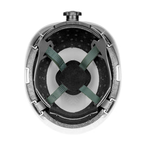Top view of the BUNZL SAFETY Dynamic Safety Rocky Hard Hat 4PT Ratchet Suspension in white, showing black padding, green X-shaped adjustable straps, and gray foam lining for protection.