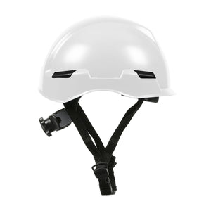 The BUNZL SAFETY Dynamic Safety Rocky Hard Hat 4PT Ratchet Suspension in white features black adjustable straps and a chin buckle, displayed side view against a plain white background.