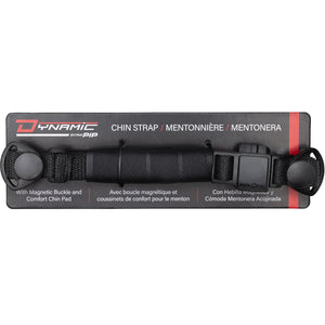 The BUNZL SAFETY PIP Dyna-Clic™ Chin Strap with Magnetic Clip and comfort chin pad, in black, is packaged on a black and red trilingual (English/French/Spanish) backing card—ideal for a secure hard hat fit.