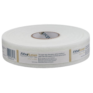 The Saint-Gobain Adfors 2 1/16" x 250' Paperless Fibafuse drywall tape in white features a label emphasizing its superior strength to paper tape and how it simplifies finishing drywall seams.