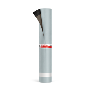 A standing roll of Resisto Solutions Ice & Water Protector SBS bitumen waterproofing membrane with a silver finish, a top corner peeled to show the dark self-adhesive underside, and a red and white label around the center.
