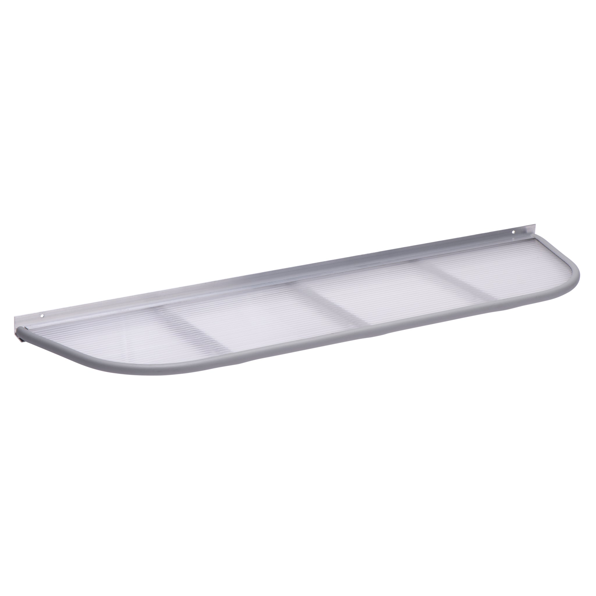 UV-resistant gray 46″ x 14″ Steel Window Well Cover with a semi-circular shape, slatted top, and a flat mounting edge.