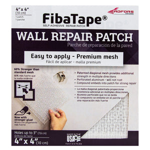 Packaging for Saint-Gobain ADFORS FIBATAPE® 4x4 Aluminum Wall Repair Patch (24 Pack) shows a mesh patch, product details, premium self-adhesive design, and instructions in English/Spanish. Made in the USA.