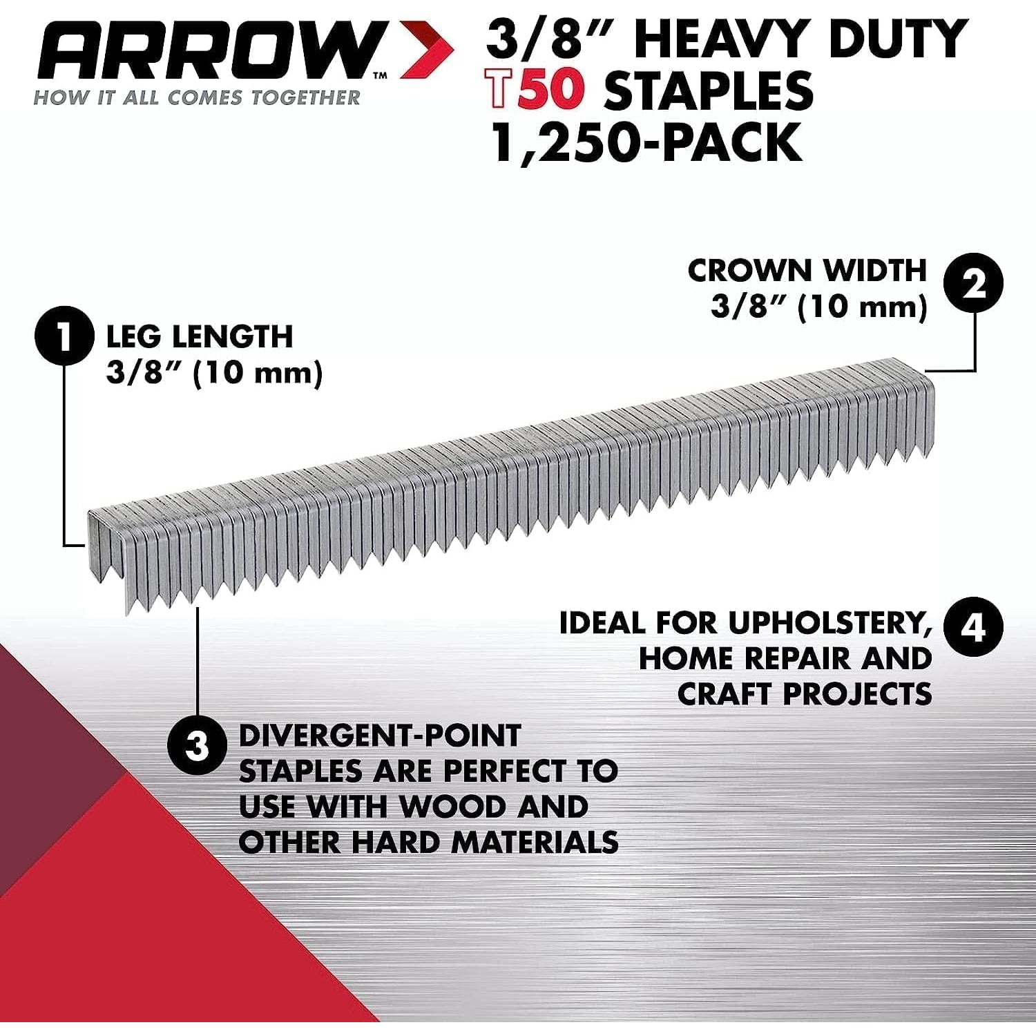 Arrow T50 3/8 inch Staples, 1250/pack