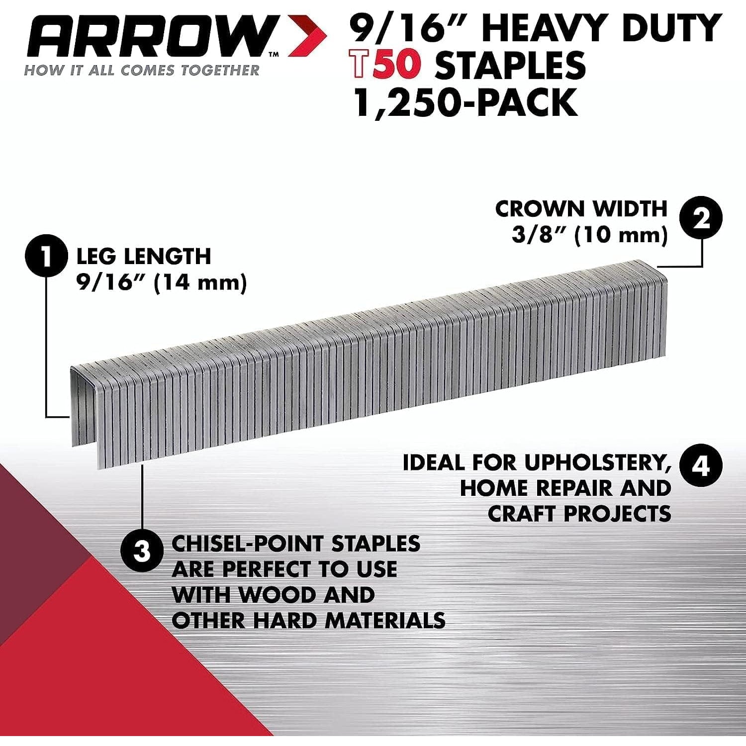 Arrow T50 9/16 inch Staples, 1250/pack