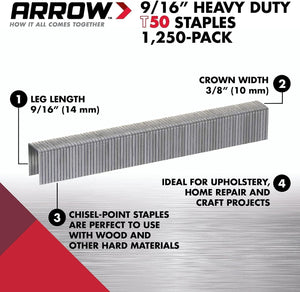 Arrow T50 9/16 inch Staples, 1250/pack