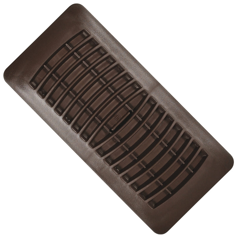 The IMPERIAL MANUFACTURING 4" x 10" Polystyrene Floor Register in brown features a rectangular, rustproof design with rounded edges and a grid of horizontal and vertical slats for floor or wall use.