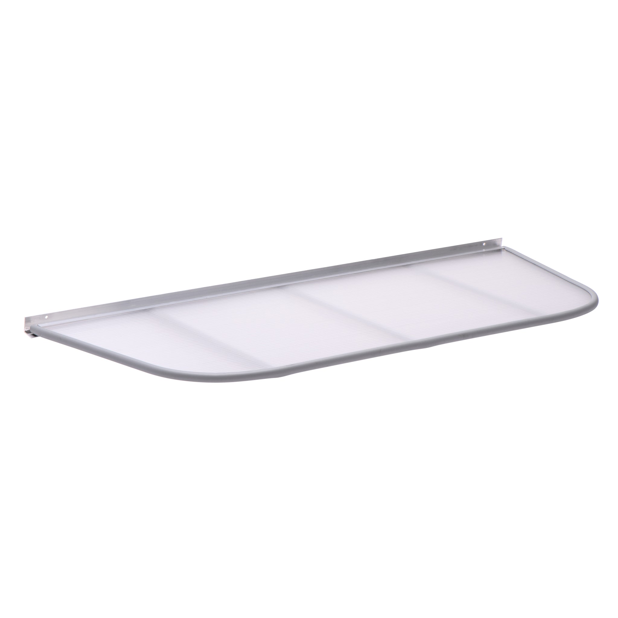 Gray 53″ x 24″ Steel Window Well Cover with a semi-circular metal frame and a translucent slatted top.