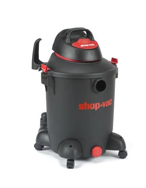 Side profile of a black and red shop-vac vacuum on a white background