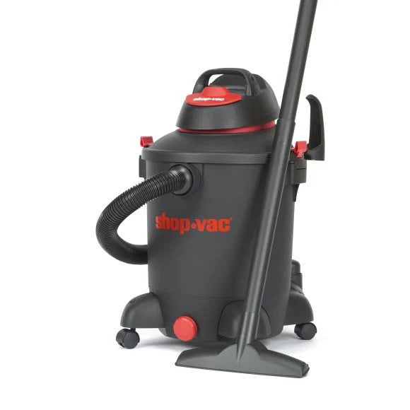 Black shop-vac vacuum with hose attachment on a white background