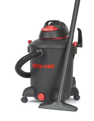 Black shop-vac vacuum with hose attachment on a white background