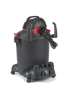 Rear profile of a black shop-vac vacuum showing attachment holder, exhaust fan and cord, on a white background