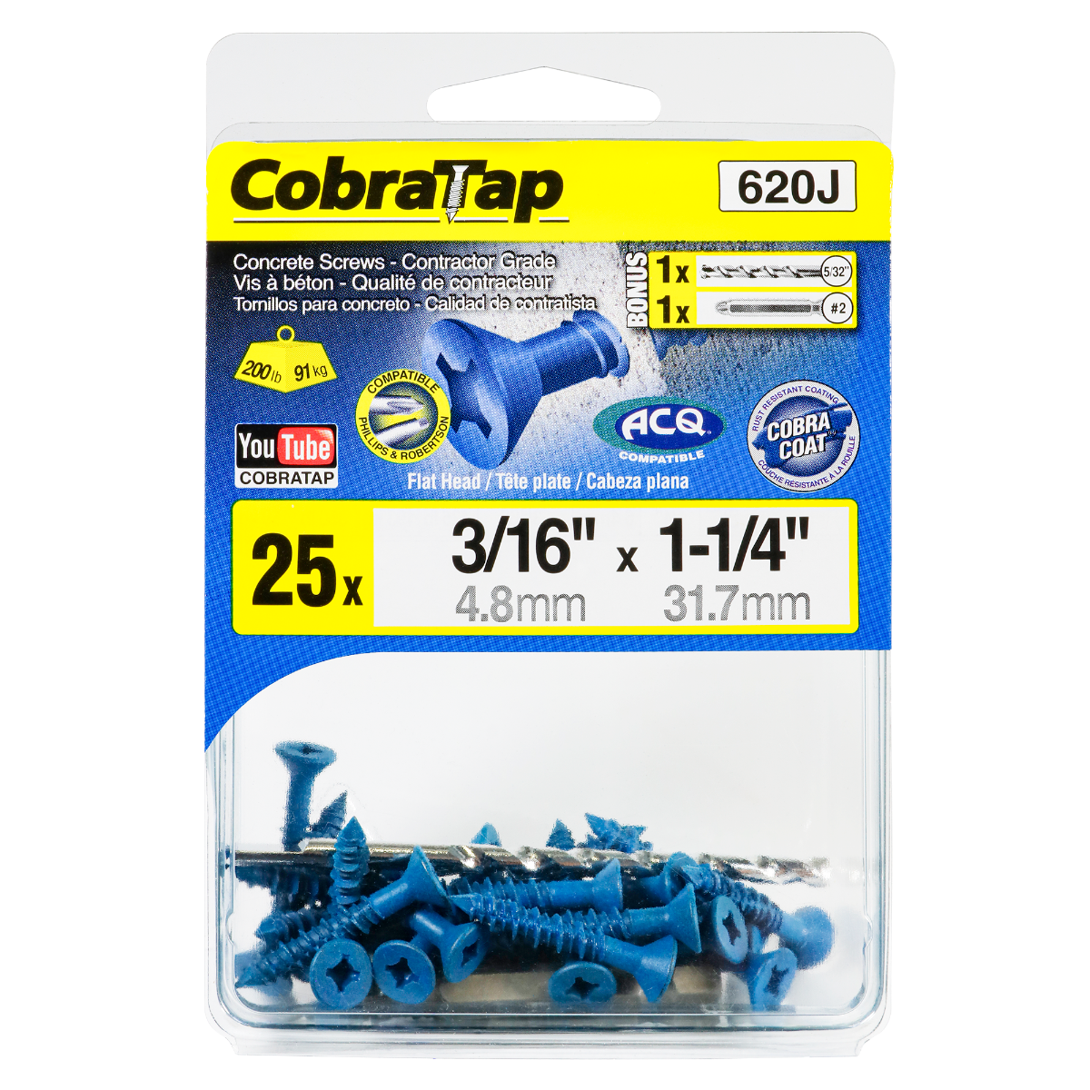 3/16"x1-1/4" Flat Head CobraTap Concrete Screw (25 Pack)