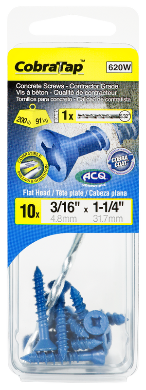 3/16"x1-1/4" Flat Head CobraTap Concrete Screw (10 Pack)