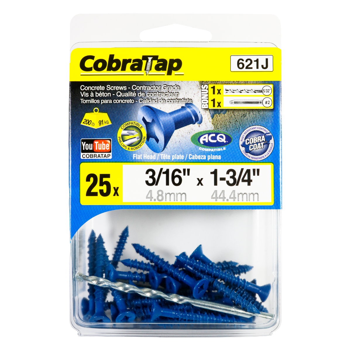 3/16"x1-3/4" Flat Head CobraTap Concrete Screw (25 Pack)