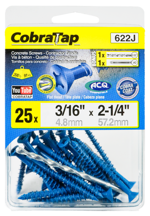 3/16"x2-1/4" Flat Head CobraTap Concrete Screws (25 Pack)