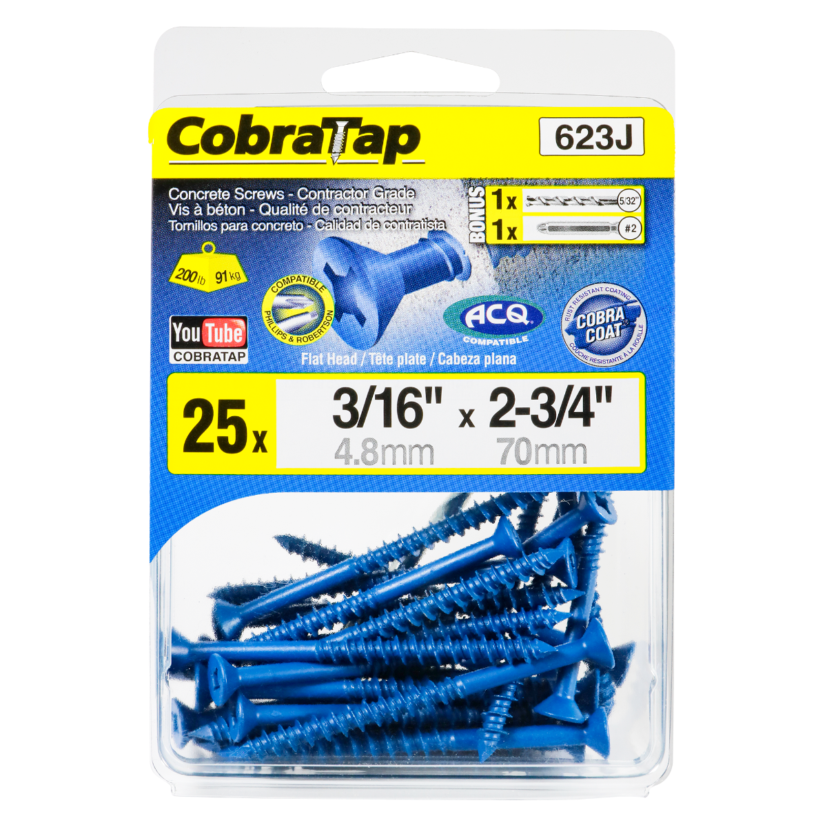 3/16"x2-3/4" Flat Head CobraTap Concrete Screws (25 Pack)