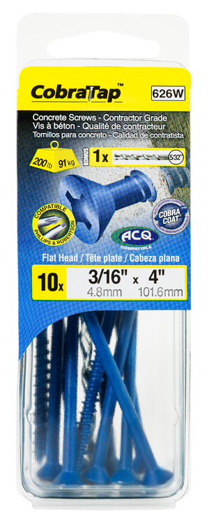 3/16"x4" Flat Head CobraTap Concrete Screws (10 Pack)