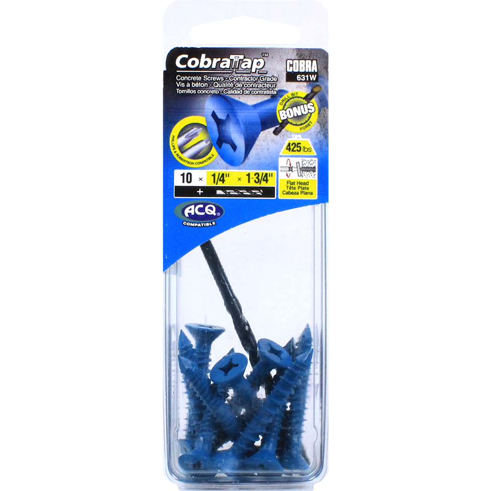 1/4"x1-3/4" Flat Head CobraTap Concrete Screws (10 Pack)