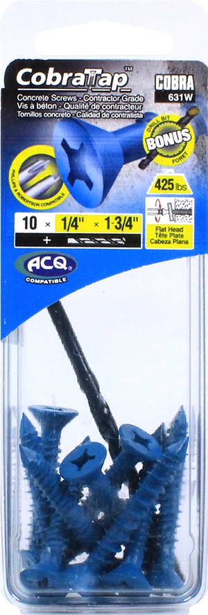 1/4"x1-3/4" Flat Head CobraTap Concrete Screws (10 Pack)