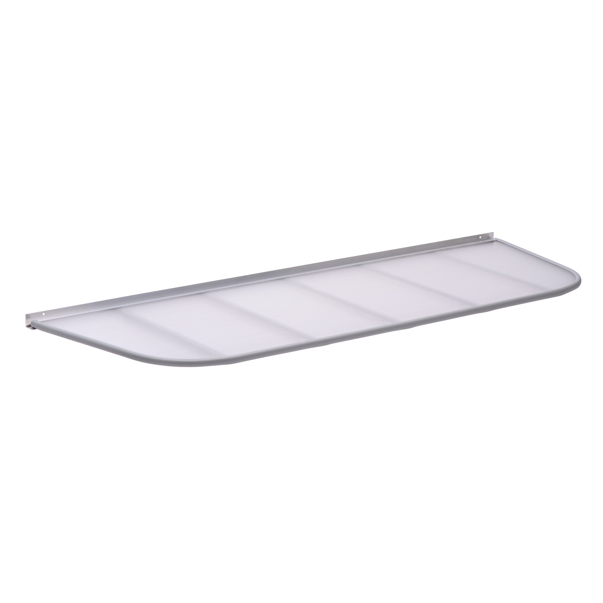 Semicircular 66″ x 24″ Steel Window Well Cover, Gray, featuring a gray metal frame and a translucent corrugated panel.