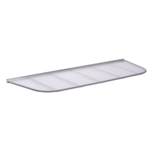Semicircular 66″ x 24″ Steel Window Well Cover, Gray, featuring a gray metal frame and a translucent corrugated panel.