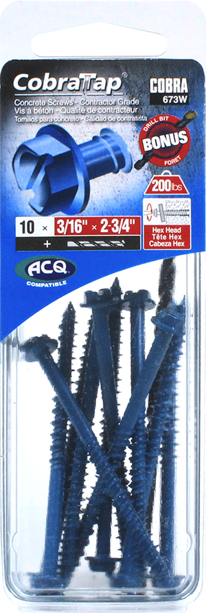 3/16"x2-3/4" Hex Head CobraTap Concrete Screws (10 Pack)