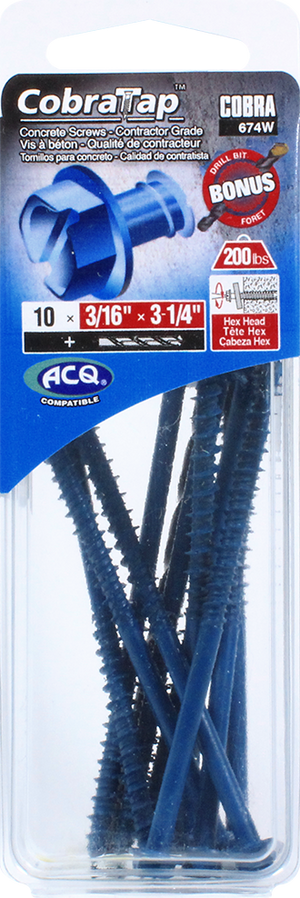 3/16"x3-1/4" Hex Head CobraTap Concrete Screws (10 Pack)