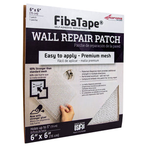 A 24-pack of FIBATAPE® 6X6 Aluminum Wall Repair Patch by Saint-Gobain Adfors, features easy-to-apply self-adhesive mesh and aluminum patches with English/Spanish details and an image showing hands applying the patch.