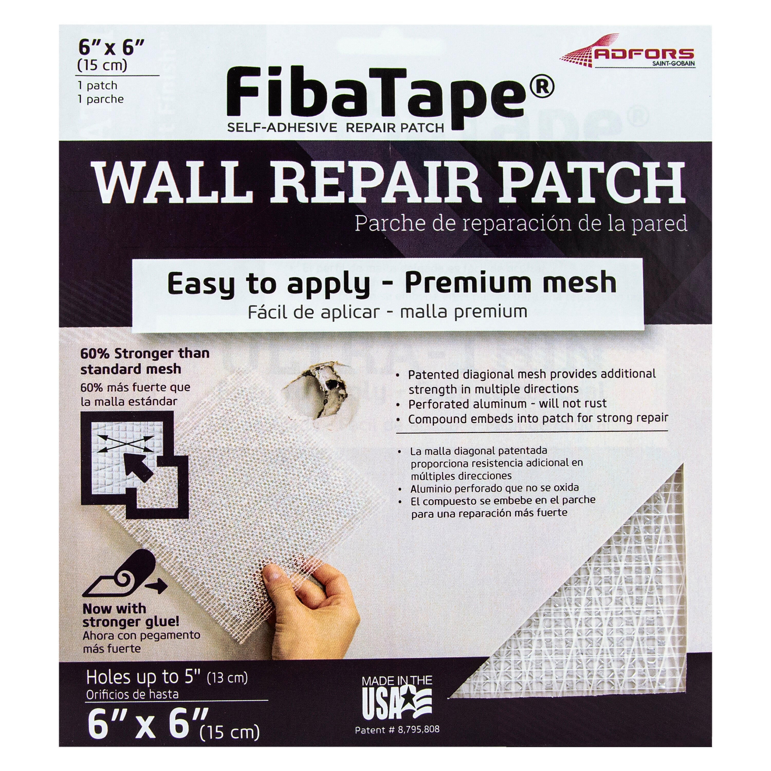 Packaging for the Saint-Gobain ADFORS FIBATAPE® 6x6 Aluminum Wall Repair Patch (24 Pack) features strong mesh texture, easy application, clear English/Spanish text, a patch image, and usage instructions.