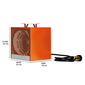 Orange STELPRO DESIGN UCH Portable Heater with a metal grille and power cord, measuring 11 1/16 inches high, 10 1/2 inches wide, and 9 5/8 inches deep.