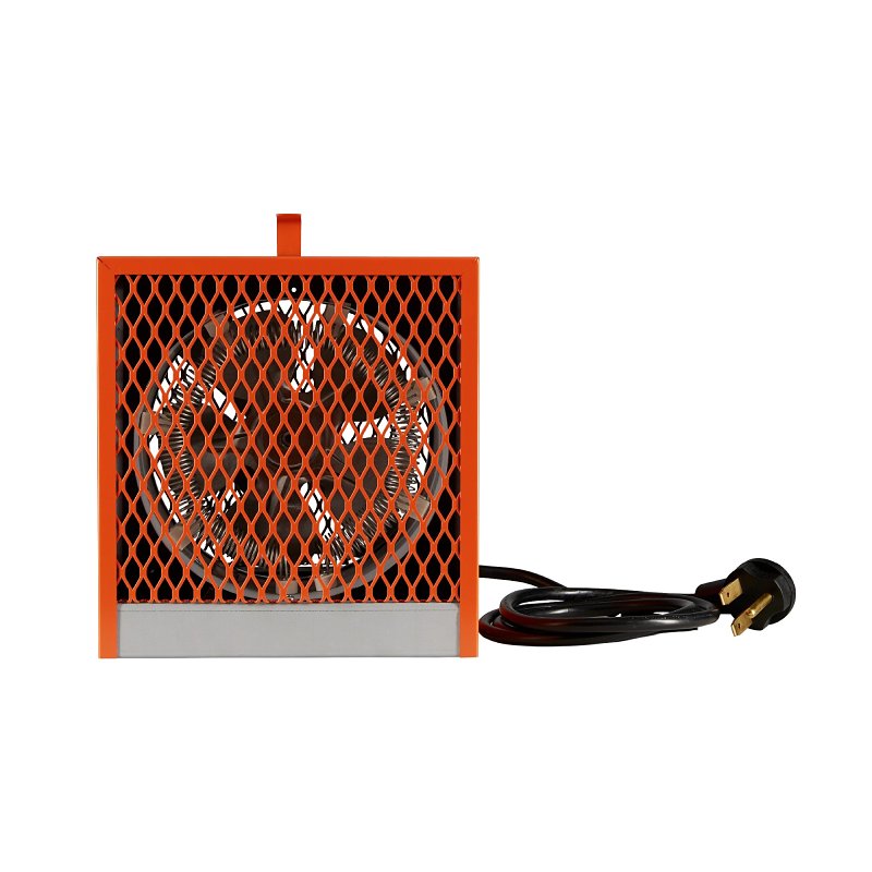STELPRO DESIGN UCH Portable Heater, an orange utility heater for construction sites with a metal mesh front grille, an internal fan, and an attached power cord.