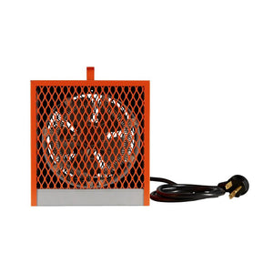 STELPRO DESIGN UCH Portable Heater, an orange utility heater for construction sites with a metal mesh front grille, an internal fan, and an attached power cord.