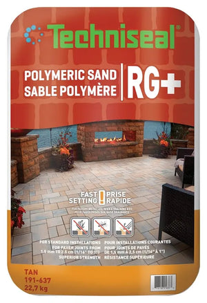 Bag of Polymeric Jointing Sand, Tan 22.7kg by Quikrete Canada Holdings Inc, a premium polymeric sand with bilingual English and French text on the packaging, featuring an outdoor patio scene with pavers, a fire pit, chairs, and a brick wall in the background—ideal for stabilizing paver joints effectively.