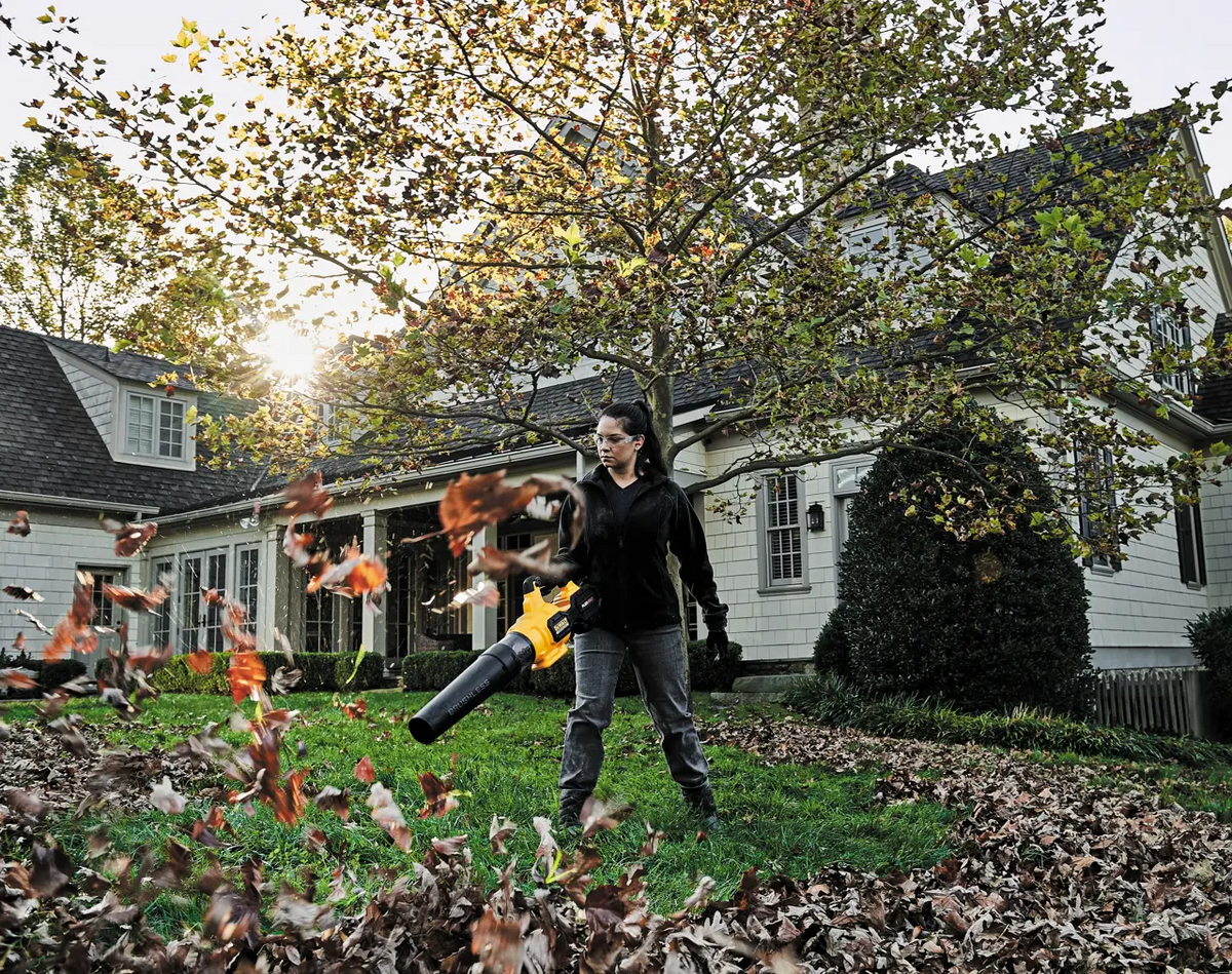 Person using a leaf blower to clear leaves from a yard with houses in the background