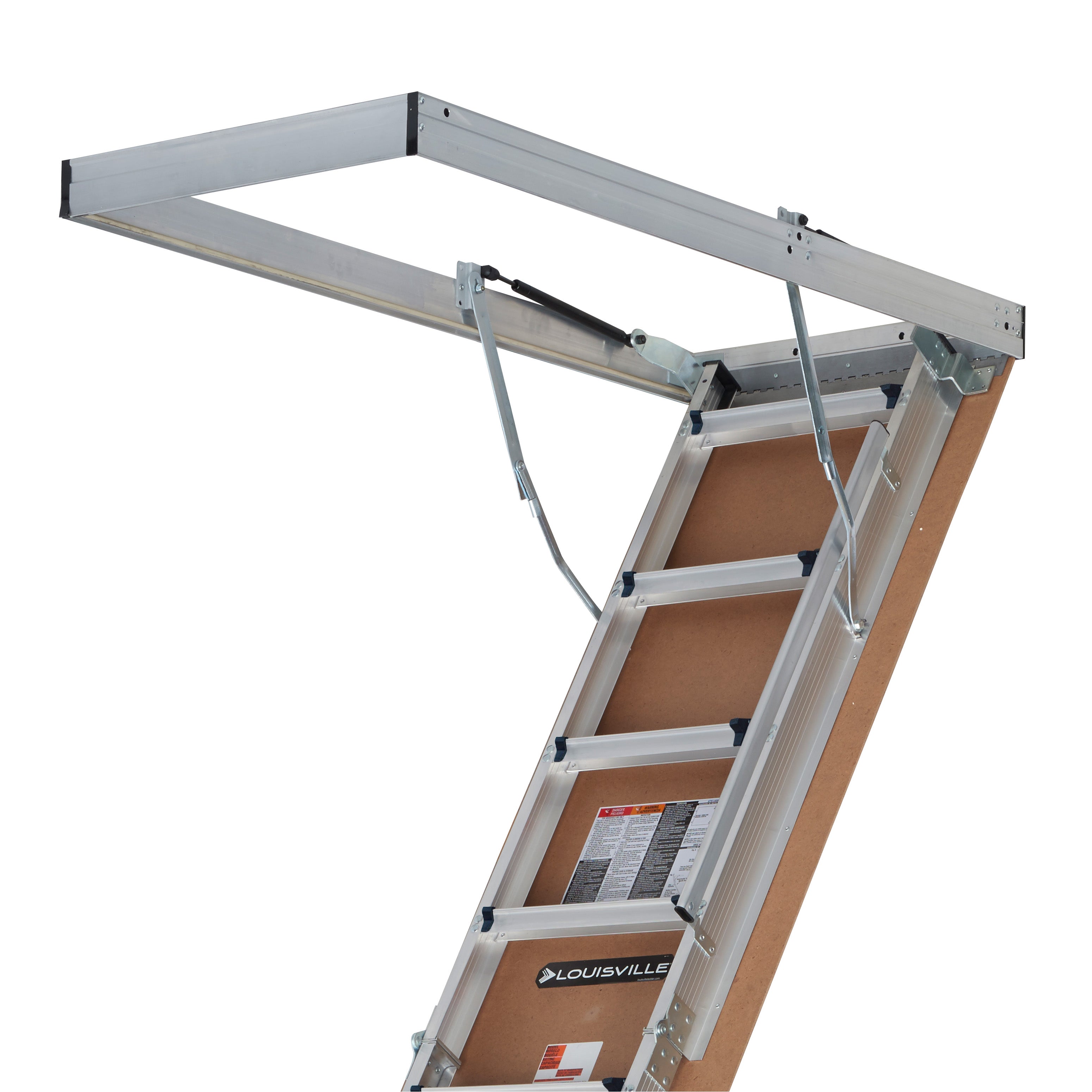 The Louisville Ladder Corp Aluminum Attic Ladder-375LB Load Capacity is extended downward through a ceiling opening, showcasing its robust frame and durable hinges. A label with instructions is affixed to the 22.5 x 54-inch ladder for added safety and user convenience.