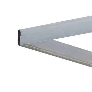 A close-up view of the corner of a metal rectangular frame from the Louisville Ladder Corp Aluminum Attic Ladder-375LB Load Capacity, featuring a clean, smooth finish against a white background.