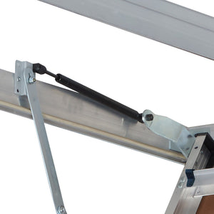 Close-up of a metal gas strut mechanism attached to a metal frame, designed as part of the Louisville Ladder Corp Aluminum Attic Ladder-375LB Load Capacity. The strut ensures smooth opening and closing, making it ideal for models such as the 22.5 x 54 Aluminum Attic Ladder and applications requiring support for up to 375 lbs.