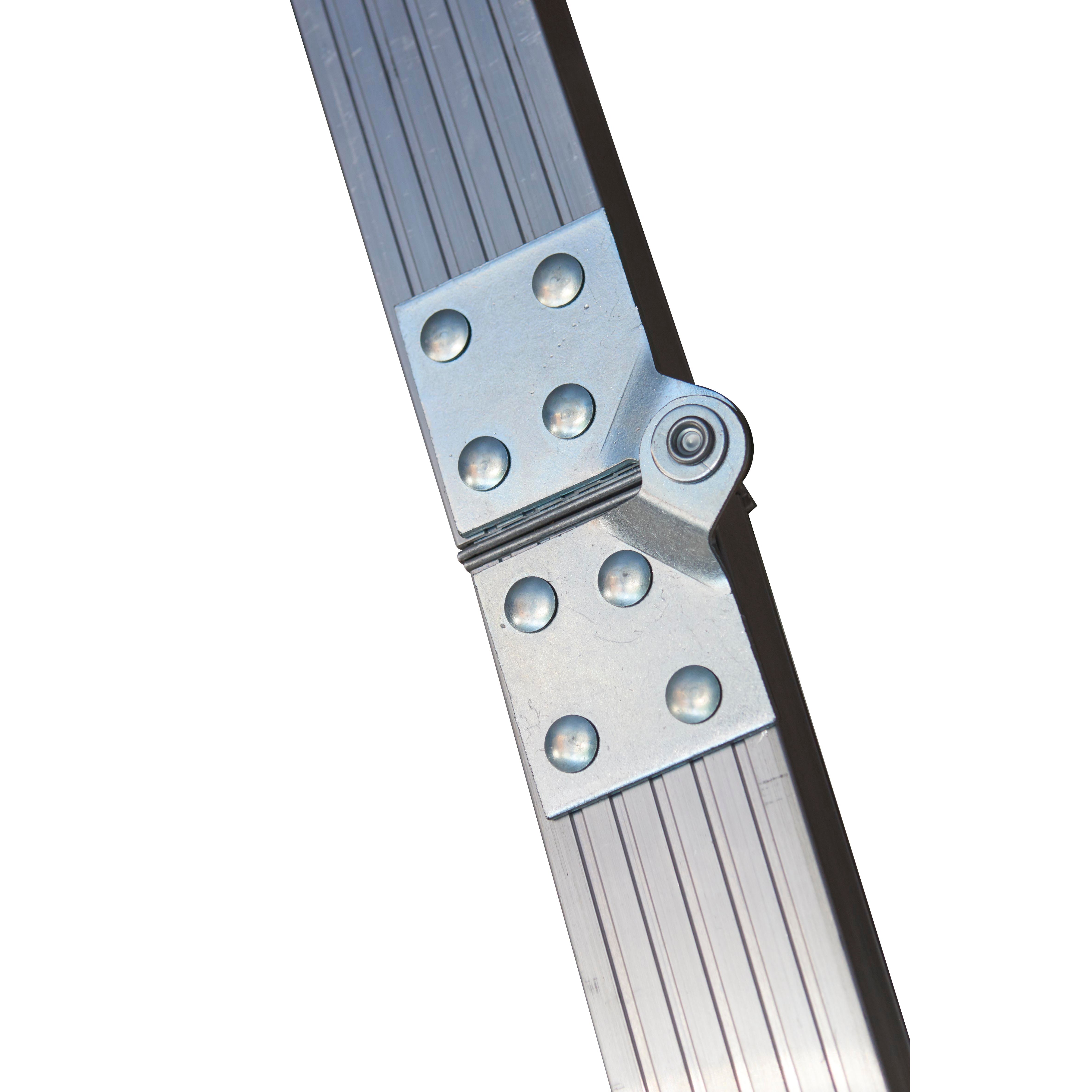 Close-up of a metal hinge connecting two silver, ribbed aluminum bars from the Louisville Ladder Corp Aluminum Attic Ladder-375LB Load Capacity, isolated on a white background.