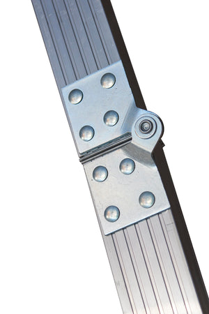 Close-up of a metal hinge connecting two silver, ribbed aluminum bars from the Louisville Ladder Corp Aluminum Attic Ladder-375LB Load Capacity, isolated on a white background.