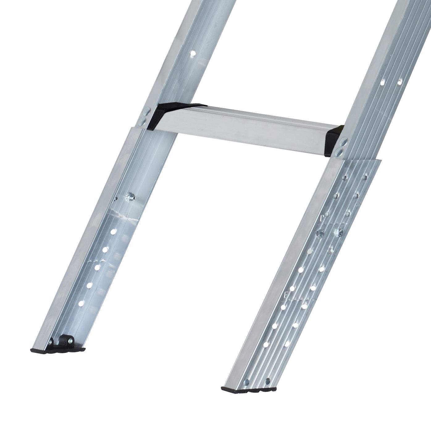 The image displays the lower section of the Louisville Ladder Corp Aluminum Attic Ladder-375LB Load Capacity, featuring black-tipped feet, resting on a white background.