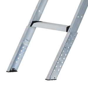 The image displays the lower section of the Louisville Ladder Corp Aluminum Attic Ladder-375LB Load Capacity, featuring black-tipped feet, resting on a white background.