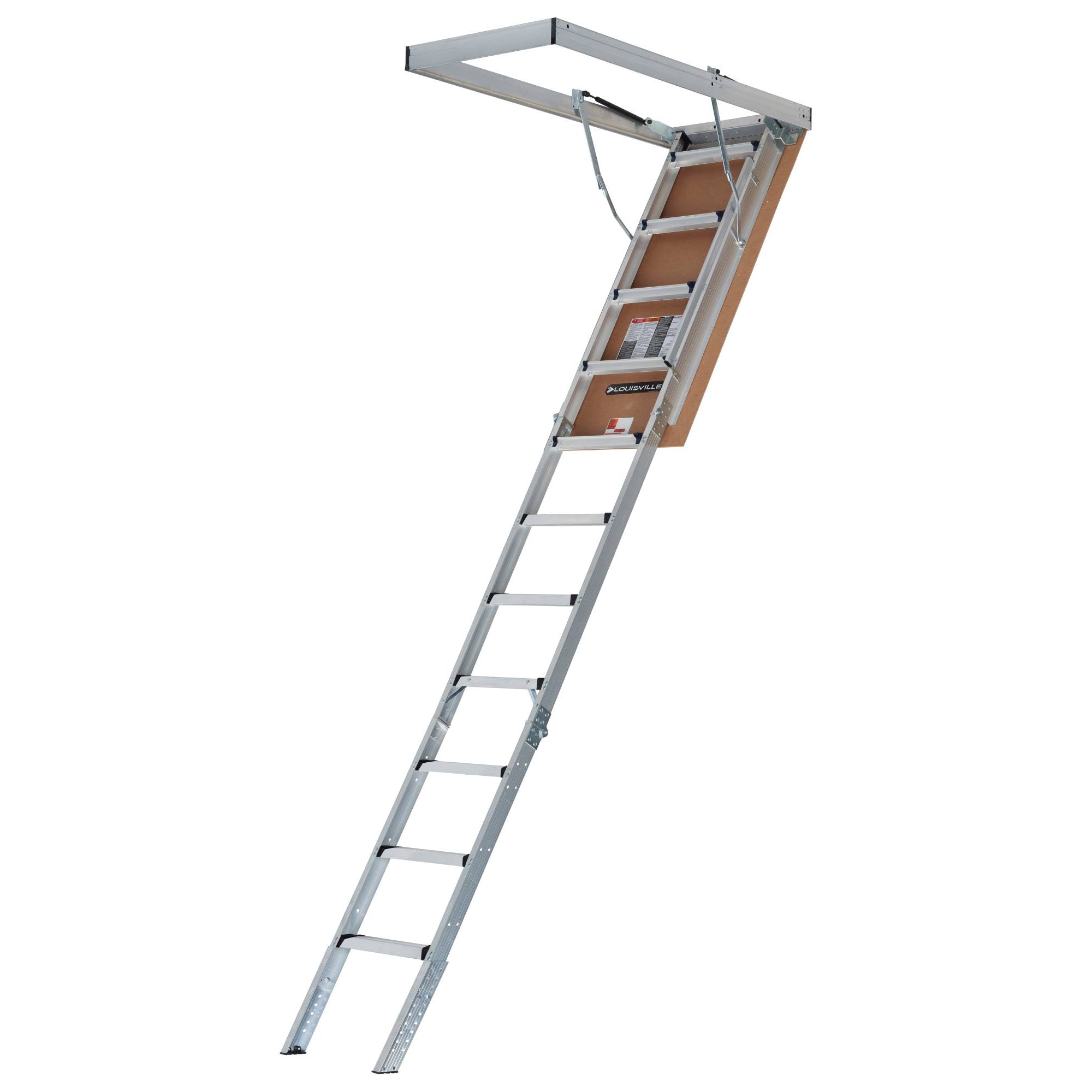 A Louisville Ladder Corp Aluminum Attic Ladder-375LB Load Capacity is extended down from a ceiling access panel, displaying its frame, hinges, and hardware. The partially open wooden hatch reveals the sturdy aluminum construction of this attic ladder—reliable support for those needing a 22.5 x 54-inch ladder with a weight capacity of up to 375 lbs.