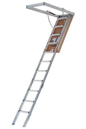 A Louisville Ladder Corp Aluminum Attic Ladder-375LB Load Capacity is extended down from a ceiling access panel, displaying its frame, hinges, and hardware. The partially open wooden hatch reveals the sturdy aluminum construction of this attic ladder—reliable support for those needing a 22.5 x 54-inch ladder with a weight capacity of up to 375 lbs.