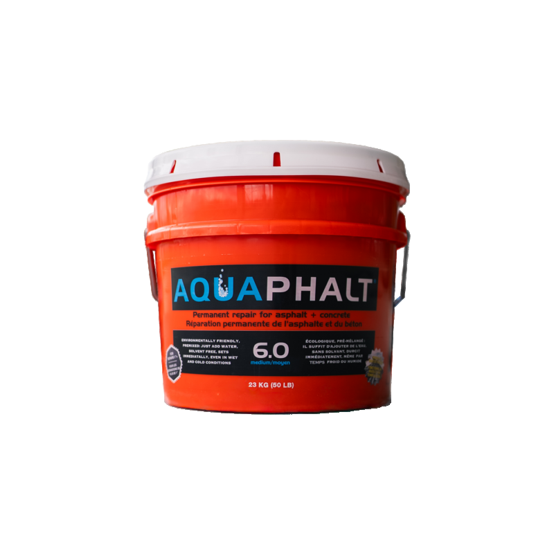 A 22.7 kg (50 lb) orange bucket of Stubbe’s Aquaphalt 6.0 Permanent Asphalt & Concrete Repair, a water-activated material designed for durable and fast repairs to asphalt and concrete surfaces. The label provides product information and instructions in both English and French, making it an excellent choice for efficient, lasting pothole repairs.