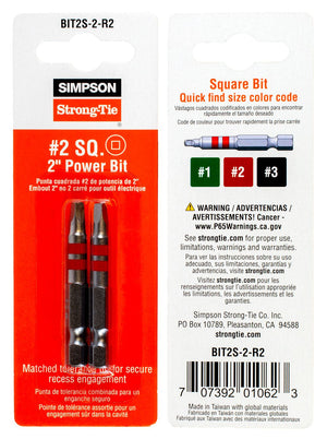 Two #2 Square 2″ Power Bit (2 Pack) industrial-grade bits in retail packaging.