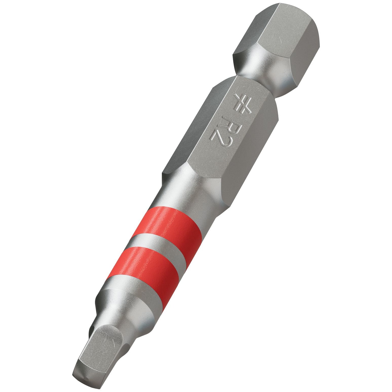 A #2 Square 2″ Power Bit by Simpson Strong-Tie® featuring a hexagonal shank and two red bands.