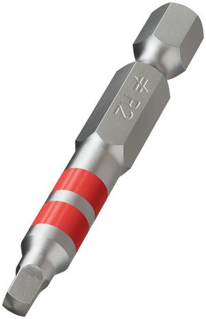 A #2 Square 2″ Power Bit by Simpson Strong-Tie® featuring a hexagonal shank and two red bands.