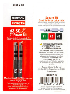 Front and back views of two #3 Square 2″ Power Bit (2 Pack) Simpson Strong-Tie® driver bits in retail packaging, shown with a color-coded size guide.